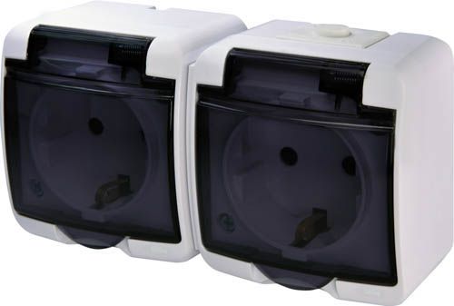 Розетка 2-на з заземленням RHE-2sd біла/прозора кришка IP54, ETI