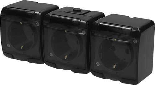Розетка 3-на з заземленням RHE-3sd-BL чорна/прозора кришка IP54, ETI