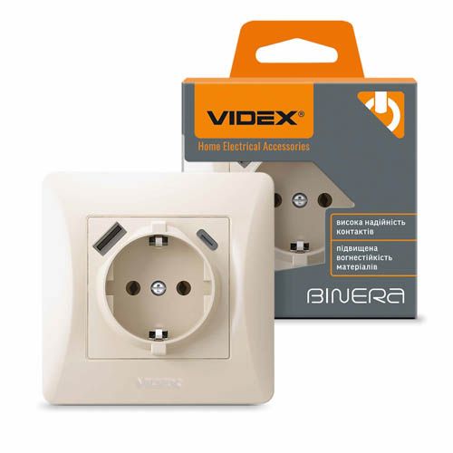 Розетка одинарна із заземленням з USB+USB-C кремова BINERA, Videx