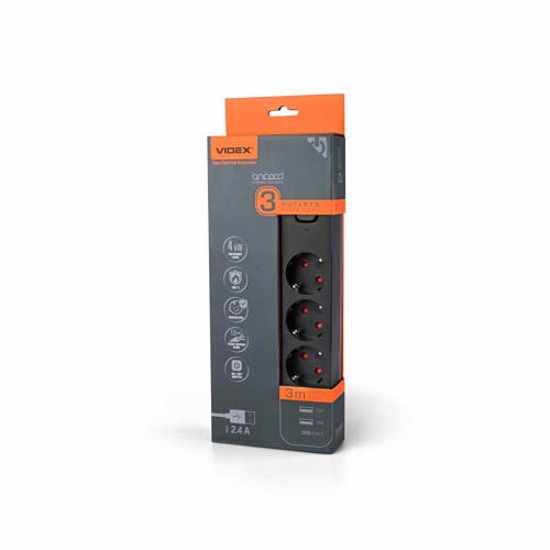 Подовжувач мережевий ONCORD з/з 3п 3м (3x1.5мм) 2.4А 2USB+USB-C з кнопкою Black, Videx