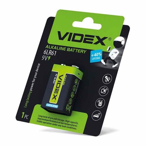Батарейка лужна 6LR61/9V (Крона) 1шт BLISTER, Videx