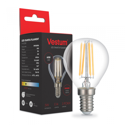 Лампа світлодіодна LED Vestum філамент G45 E14 5W 3000K clear glass