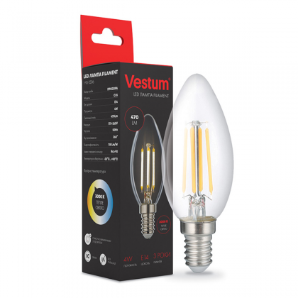 Лампа світлодіодна LED Vestum філамент C35 E14 5W 3000К clear glass