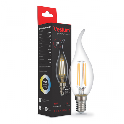 Лампа світлодіодна LED Vestum філамент C35 TAILED E14 4W 3000К clear glass