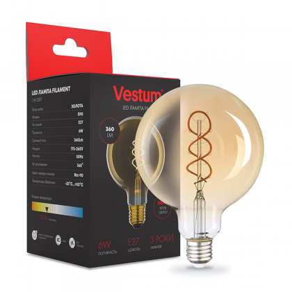 Лампа світлодіодна LED Vestum філамент G95 E27 6W 2500К Golden twist