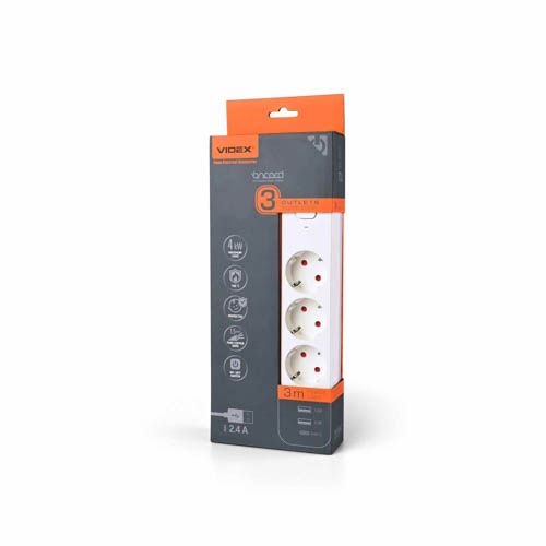 Подовжувач мережевий ONCORD з/з 3п 3м (3x1.5мм) 2.4А 2USB+USB-C з кнопкою White, Videx