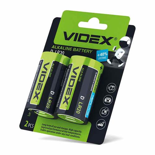 Батарейка лужна LR20/D 2шт BLISTER CARD, Videx