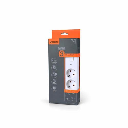 Подовжувач мережевий ONCORD з/з 3п 3м (3x1.5мм) з кнопкою White, Videx