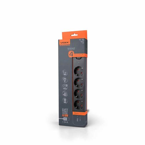 Подовжувач мережевий ONCORD з/з 4п 3м (3x1.5мм) 3.4А USB(QC3.0) +USB-C(PD18W) з кнопкою Black, Videx