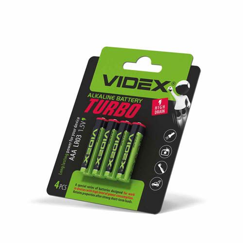 Батарейка лужна LR03/AAA Turbo 4шт BLISTER (40/720), Videx