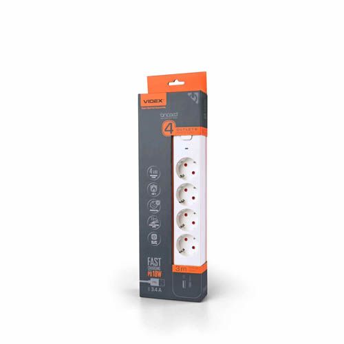 Подовжувач мережевий ONCORD з/з 4п 3м (3x1.5мм) 3.4А USB(QC3.0) +USB-C(PD18W) з кнопкою White, Videx