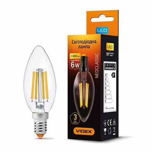 Лампа світлодіодна Filament C37F 6Вт E14 4100К, Videx