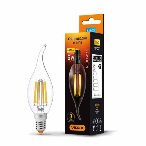 Лампа світлодіодна Filament C37Ft 6Вт E14 4100К, Videx