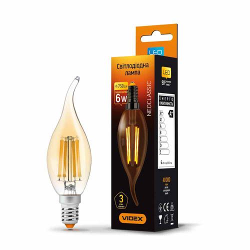 Лампа світлодіодна Filament C37FtA 6Вт E14 2200К бронза, Videx