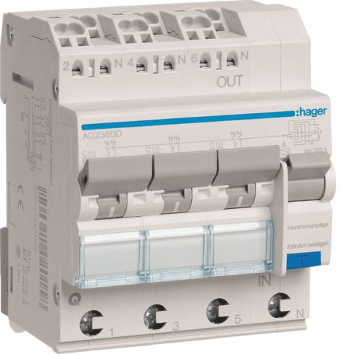 Диференційний автоматичний вимикач Hager 3x(1P+N) 6kA C-10A 30mA -А QuickConnect