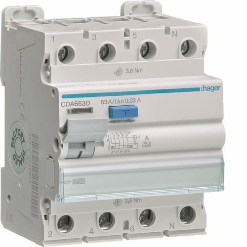Дифреле ПЗВ 4P 10kA 63A 30mA A, Hager