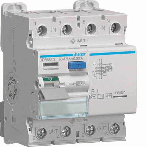 Дифреле ПЗВ 4P 10kA 63A 30mA B+, Hager