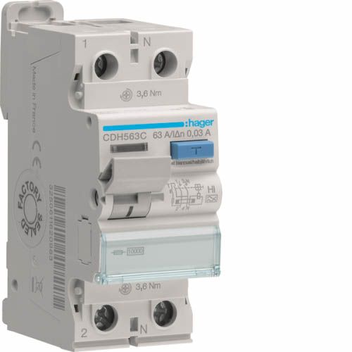 Дифреле ПЗВ 2P 10kA 63A 30mA A-Hi, Hager