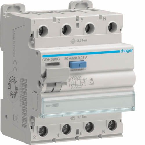 Дифреле ПЗВ 4P 10kA 80A 30mA A-Hi, Hager