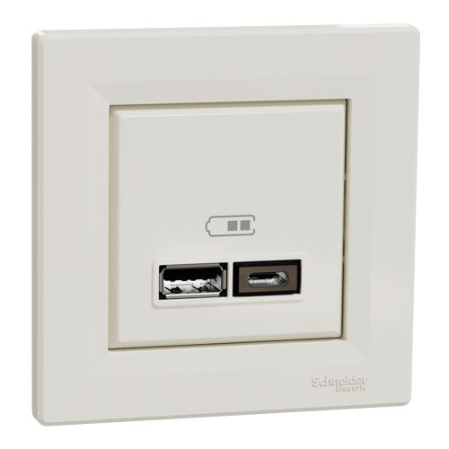 USB розетка Asfora тип А+С 2,4А кремового кольору, Schneider Electric