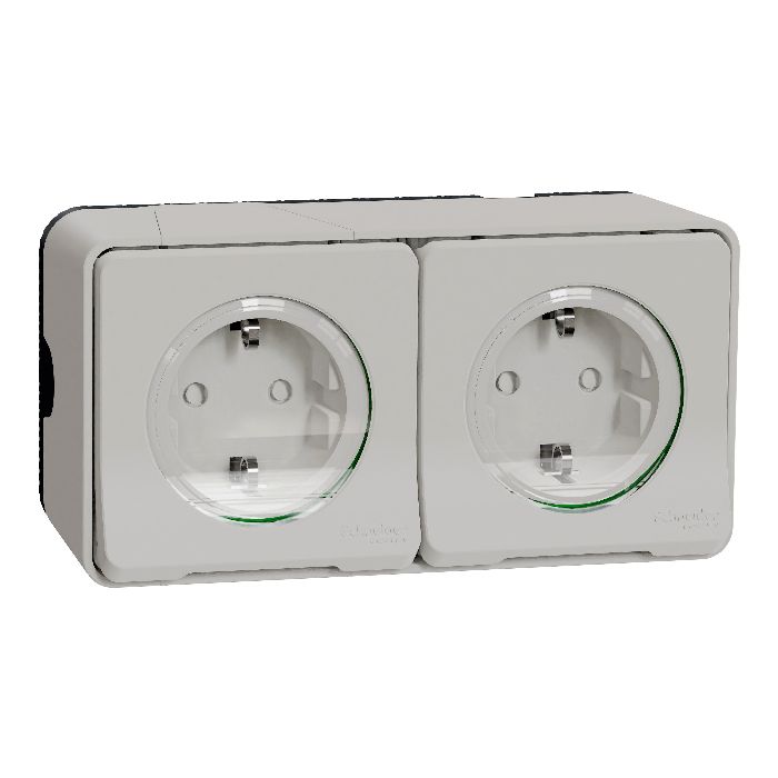 Блок розеток в зборі 2-ний "Mureva S" з з/к та шторками, білий, IP55, Schneider Electric