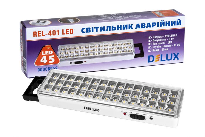 Світильник аварійний REL-401LED (3.7V1,5Ah) 45 LED 3Вт 230x65x30 акумуляторний, DeLux