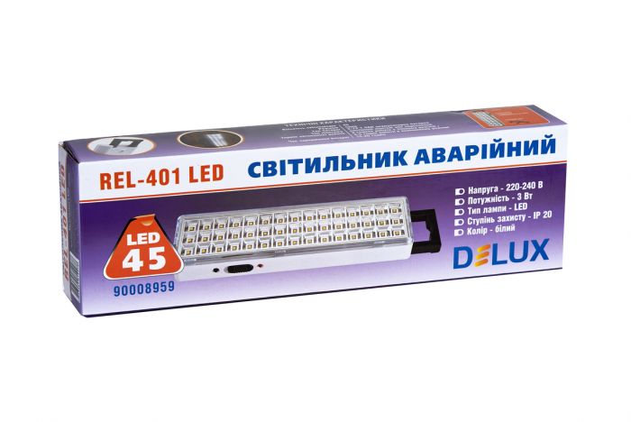 Світильник аварійний REL-401LED (3.7V1,5Ah) 45 LED 3Вт 230x65x30 акумуляторний, DeLux