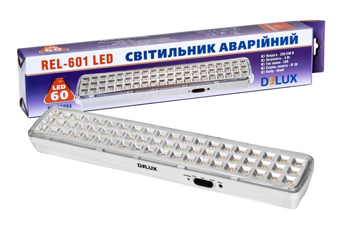 Світильник аварійний REL-601LED (3.7V2Ah) 60 LED 4Вт 360x65x35 акумуляторний, DeLux