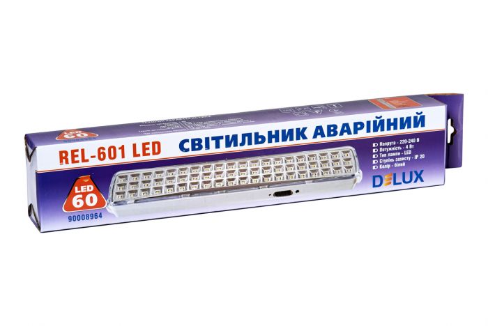 Світильник аварійний REL-601LED (3.7V2Ah) 60 LED 4Вт 360x65x35 акумуляторний, DeLux