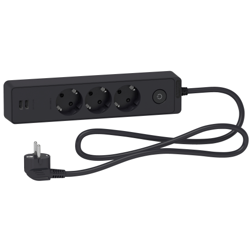 Подовжувач 3 місця з заземл.+2*USB чорн 1.5 м, Schneider Electric