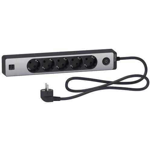 Подовжувач 5 місць з заземл.+2*USB алюм/чорн 1.5м, Schneider Electric