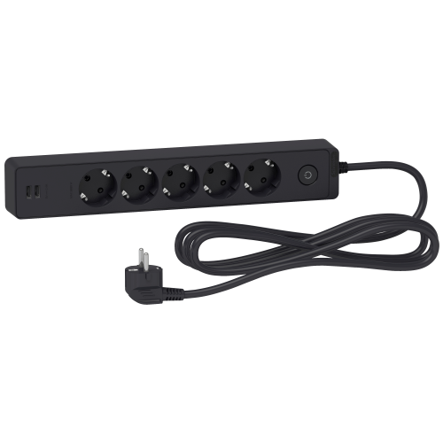 Подовжувач 5 місць з заземл.+2*USB чорн. 3 м, Schneider Electric