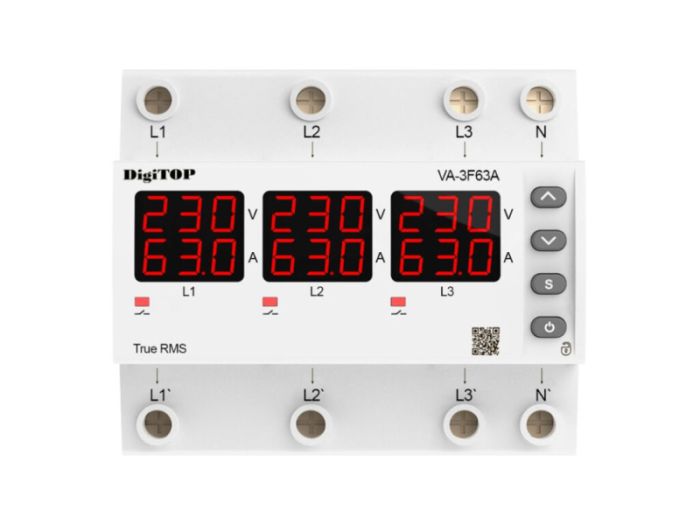 Реле контролю напруги та струму VA-3F63A M6R трифазне 63А, DigiTOP