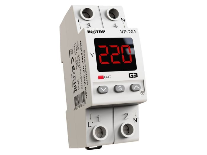 Реле контролю напруги VP-20A M2R однофазне 20А з термозахистом, DigiTOP