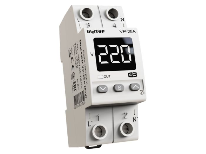 Реле контролю напруги VP-25A M2W однофазне 25А з термозахистом, DigiTOP