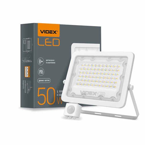 Прожектор світлодіодний F2e 50Вт 5000К з датчиком руху та освітленості, Videx