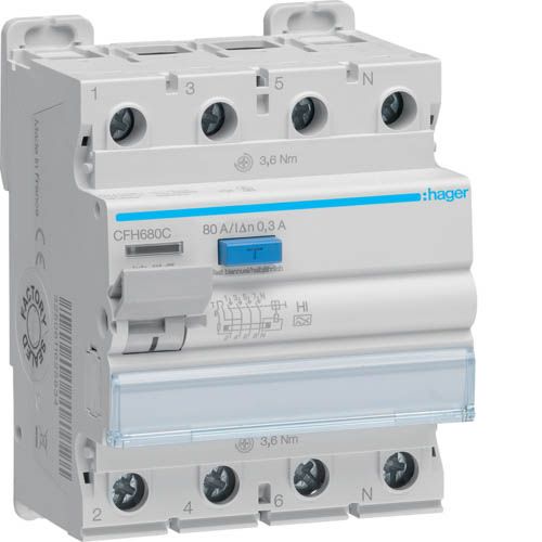 Дифреле ПЗВ 4P 10kA 80A 300mA A-Hi, Hager