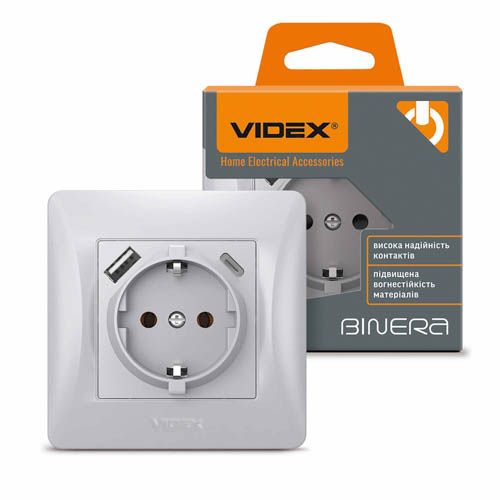 Розетка одинарна із заземленням з USB+USB-C срібний шовк BINERA, Videx