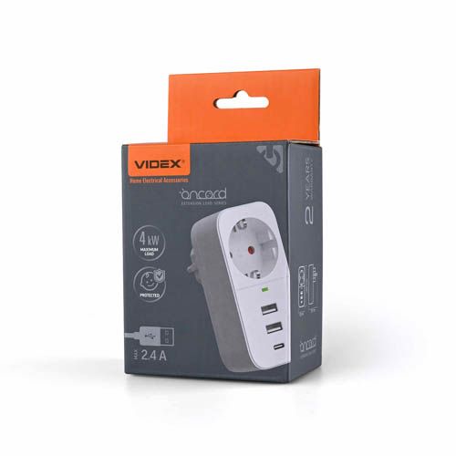 Мережевий адаптер ONCORD з/з 1п 2.4A 2USB+USB-C White, Videx