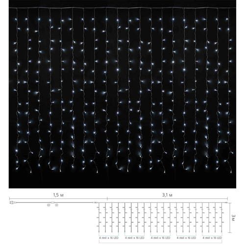 Гірлянда внутрішня CURTAIN 320LED 3х3м (біле світло) прозора IP20 Delux