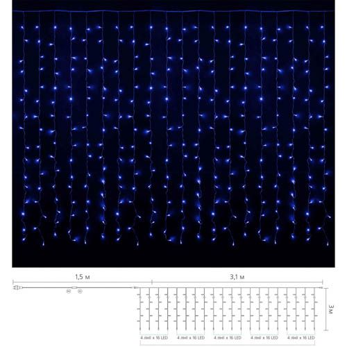 Гірлянда внутрішня CURTAIN 320LED 3х3м (синє світло) прозора IP20 Delux