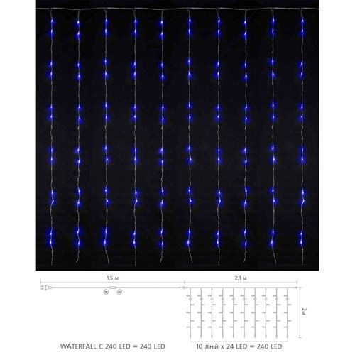Гірлянда внутрішня WATERFALL 240LED 2х2м (синє світло) прозора IP20 Delux