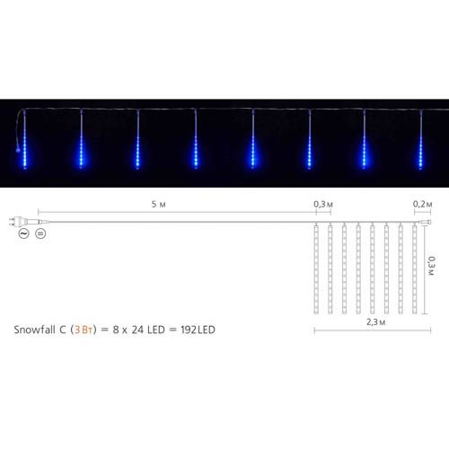 Гірлянда зовнішня бурулька SNOWFALL 192LED 8*30см (синє світло) прзора IP44 Delux