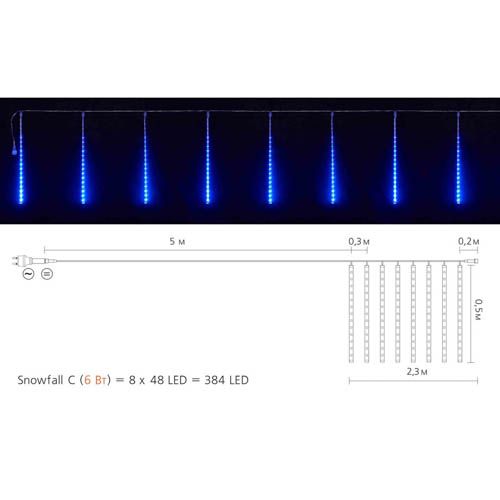 Гірлянда зовнішня бурулька SNOWFALL 384LED 8*50см (синє світло) прзора IP44 Delux