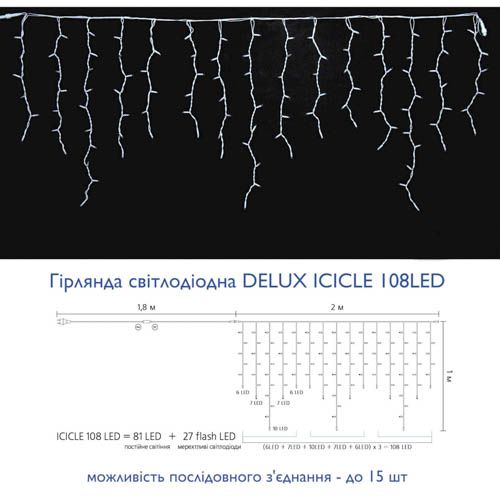Гірлянда зовнішня ICICLE 108LED 2x1м блимаюча (жовте/біле світло) біла IP44 Delux
