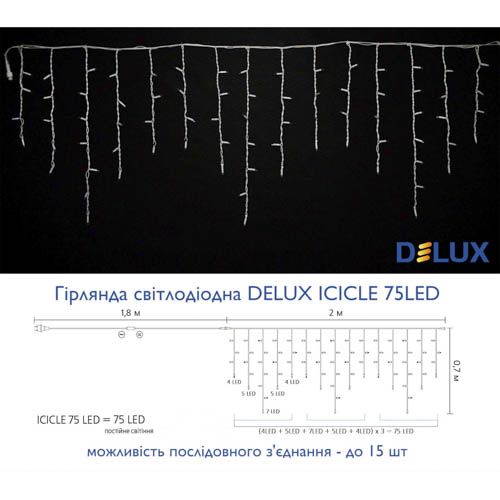 Гірлянда зовнішня ICICLE 75LED 2x0.7м (біле світло) біла IP44 Delux