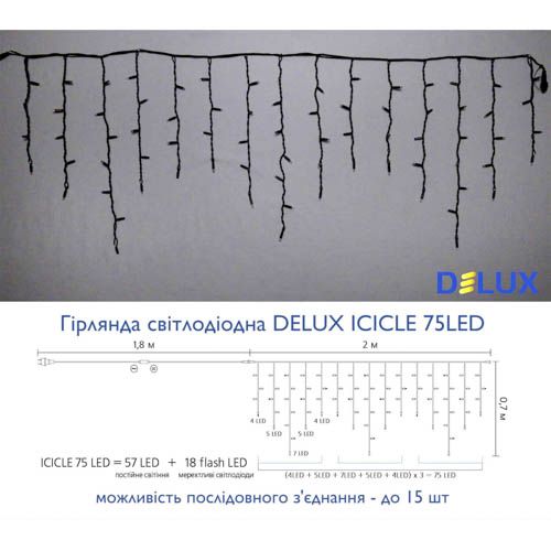 Гірлянда зовнішня ICICLE 75LED 2x0.7м блимаюча RGB чорна IP44 Delux