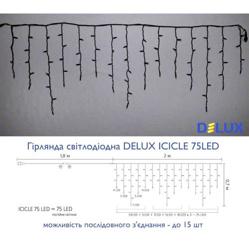 Гірлянда зовнішня ICICLE 75LED 2x0.7м (синє світло) чорна IP44 Delux