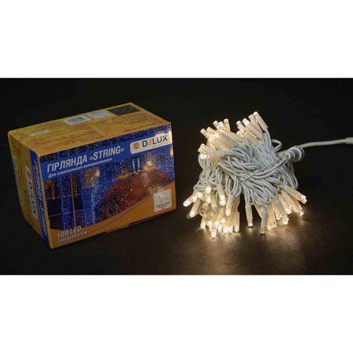 Гірлянда зовнішня STRING 100LED 10м (тепле біле світло) біла IP44 Delux
