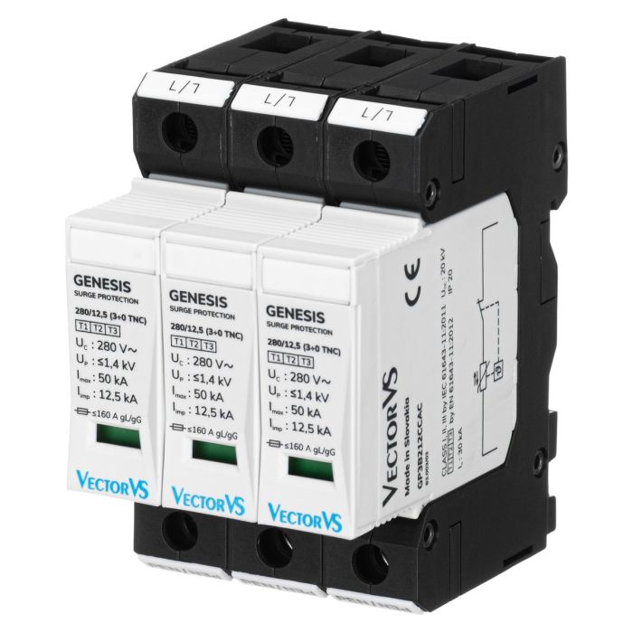 Обмежувач перенапруги Vector VS GENESIS 3P 230/280В AC 50 кА Клас I+II+III/Клас B+C+D (3+0 TNC) compact